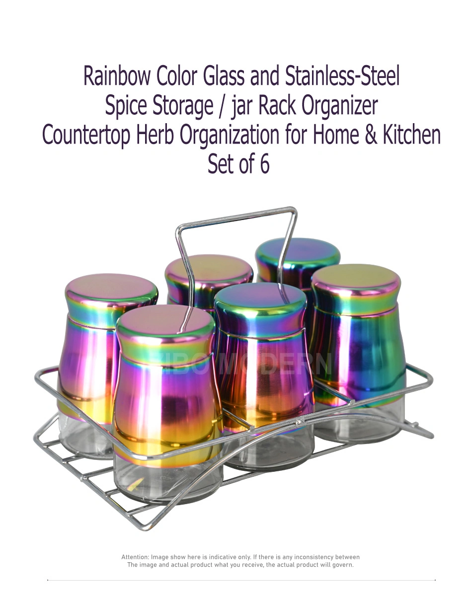 Rainbow Color Glass and Stainless-Steel Spice Storage / Jar Rack Countertop Herb Organization for Home & Kitchen Set of 6