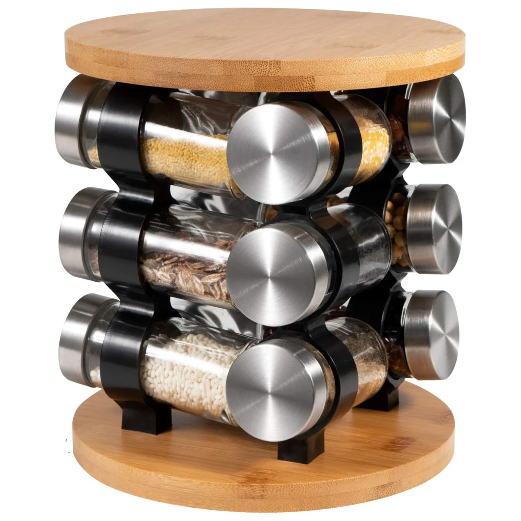 12 Jars Revolving Countertop Spice Organizer Tower Spice Carousel Stand Holder Spice Rack Bamboo Top Glass Jars for Kitchen