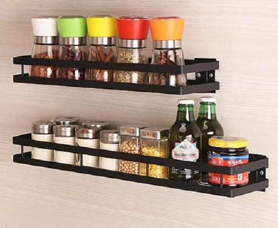 Kitchen Wall Shelf Storage Organizer Shelf Spice Rack Punch Free Storage Rack Silver Guardrail Bl17394